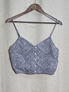 American Eagle Paisley Button-Front Crop Cami - Blue